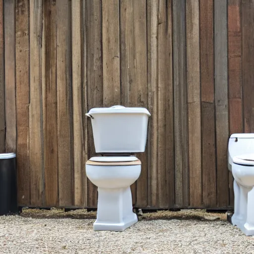 Prompt: three time-traveling toilets in wood chips, against cinder block wall,