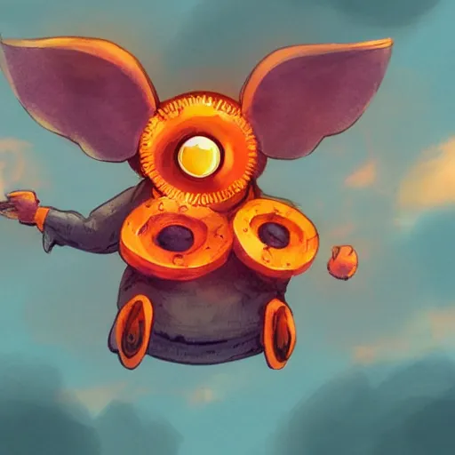 Image similar to a mouse wearing clockwork wings flying through thick orange clouds, sci-fi illustration