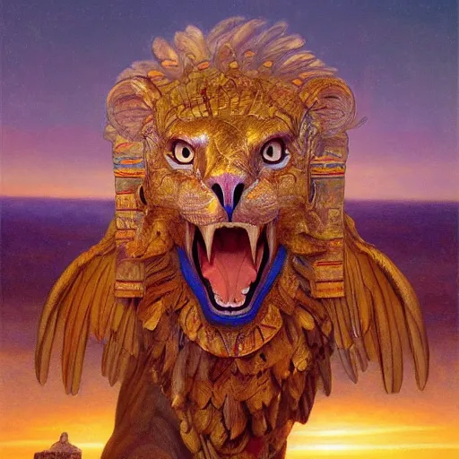 Prompt: a realistic oil painting of a winged lion's body with the head of an eagle and a beak, in an ancient egyptian temple, at purple sunset, highly detailed, trending on artstation, by james gurney and michael whelan and krenz cushart and alphonse mucha