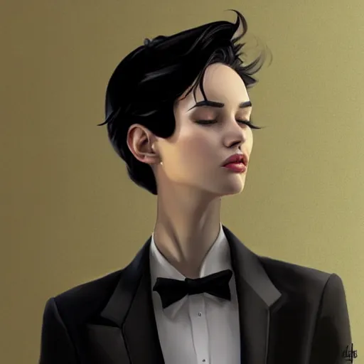 Image similar to slim girl in tuxedo with short black hair, elegant, 2d, ultra highly detailed, digital painting, smooth, sharp focus, artstation, art by Ilya Kuvshinov