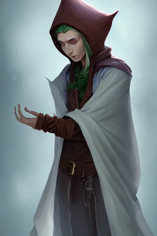 Prompt: beautiful, digital art, androgynous elf wizard, wearing linen hooded cloth. artstation, by erak note, tooth wu, neil richards, kan liu, siwoo kim