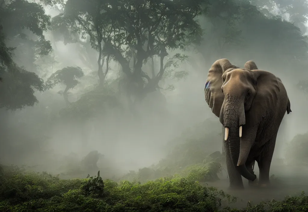 Image similar to an enormous charging elephant king, in a jungle with ominous light from above, ambient light, fog, river, very poetic