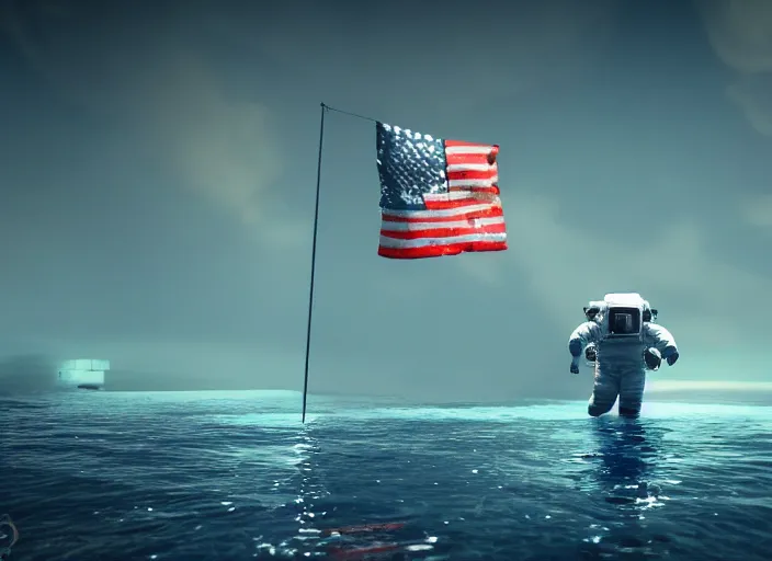 Image similar to astronaut putting a flag on the bottom of the ocean. in the background, a submarine is visible. dark, concept art, cinematic, dramatic, blender, photorealistic, octane render, 8 k, volumetric lighting, trending on artstation