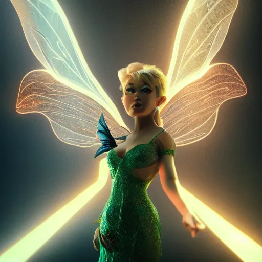 Prompt: full body pose, hyperrealistic photograph of evil tinkerbell, dim volumetric lighting, 8 k, octane beautifully detailed render, extremely hyper detailed, intricate, epic composition, cinematic lighting, masterpiece, trending on artstation, very very detailed, stunning, hdr, smooth, sharp focus, high resolution, award, winning photo, dslr, 5 0 mm