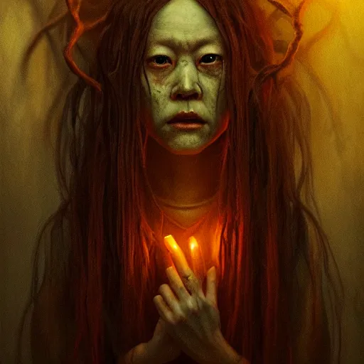 Image similar to horrifying creepy onryo portrait, atmospheric lighting, painted, menacing, haunted house theme, intricate, volumetric lighting, beautiful, rich deep colours masterpiece, golden hour, sharp focus, ultra detailed, by leesha hannigan, ross tran, thierry doizon, kai carpenter, ignacio fernandez rios