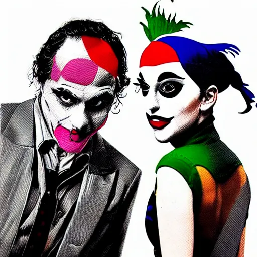 Prompt: mimmo rottela and banksy as joaquin phoenix skinny joker holding hand lady gaga harley queen, photorealistic, intricate details, pop art style, concept art, 3 colors, 4 d, smooth, sharp focus