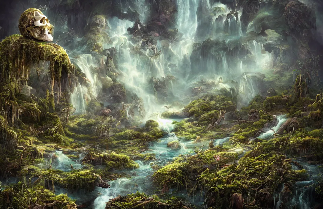 Prompt: a hymn of beautiful mysthic landscape and a huge skull overgrown, in the style of dylan cole, martin dechambault, detailed dreamscape, hyperreal phantastic, intricate details in environment, golden ratio, high aestehtic, waterfalls and lakes, cinematic light dramatic light, lightrays, flying birds in distance, trending on artstation