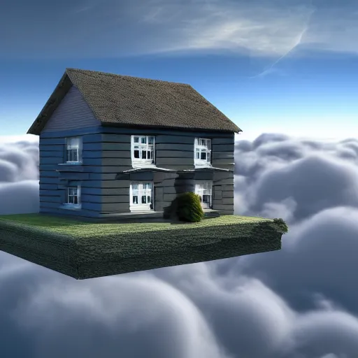 Image similar to 3D render of a house above clouds, surreal style