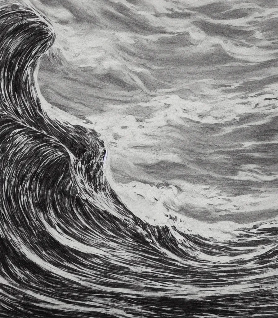 Prompt: a magnificent painting of beautiful hawaiian waves, line art!, charcoal sketch, dark strokes, high detail, simple style, golden acrylic highlights