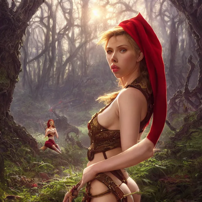 Image similar to intricate detailed portrait of Scarlet Johansson as a sensual elf on a beautiful forest meadow, temple ruins surrounded by lush forest, afternoon, art by Tyler Edlin, Artgerm and Greg Rutkowski and Alphonse Mucha and miro manara, atmospheric lighting, dynamic lighting, cgsociety, substance painter, 3dmodel