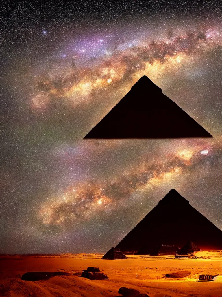 Prompt: alien mothership hovering over egypt pyramids hyperrealistic dark tones bright night milky way visible