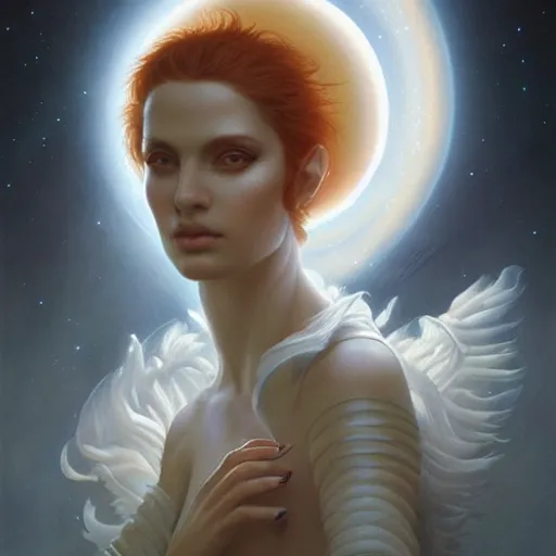 Image similar to a beautiful portrait of a celestial goddess by Jim Burns and Tom Bagshaw, Trending on Artstation