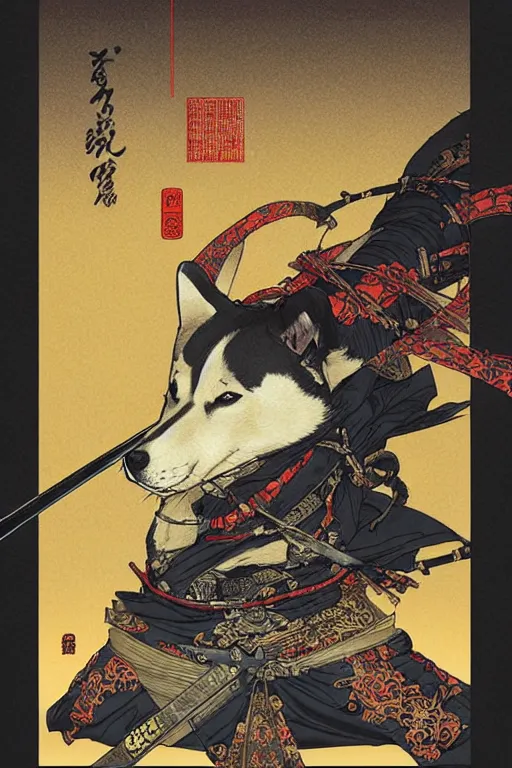 Image similar to poster of a shiba inu as a samurai, by yoichi hatakenaka, masamune shirow, josan gonzales and dan mumford, ayami kojima, takato yamamoto, barclay shaw, karol bak, yukito kishiro