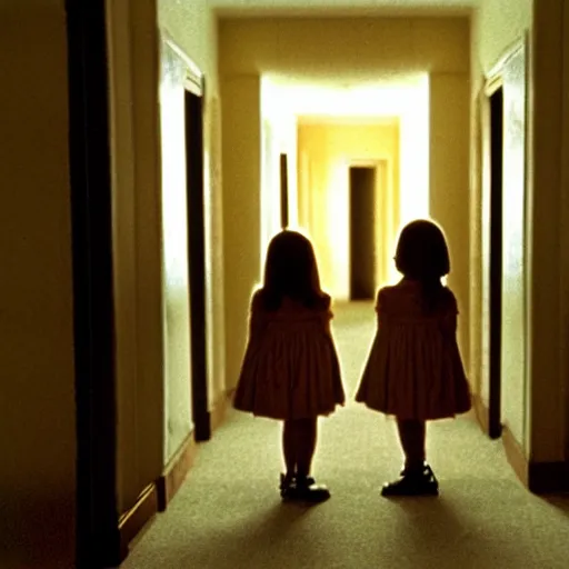 Prompt: two little girls staring at you from the hotel hallway, from the movie the shining