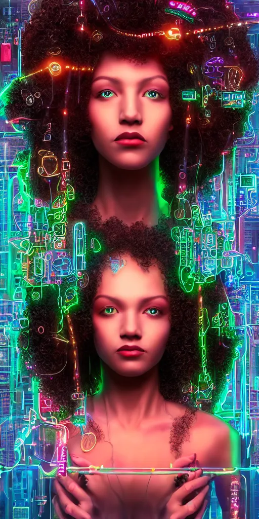 Image similar to symmetry!! a cyberpunk mulatto beauty queen, by wlop, by justin bua, motherboard, circuitry, wires, neon lights, beads, curly afro, micro detail, sci - fi, photorealism, 8 k, cgsociety