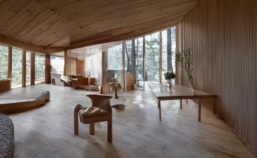 Image similar to luxurious wooden cottage by alvar aalto, modern Japanese living room, Japanese flower arrangements, coherent composition, architecturally accurate, architecture photography