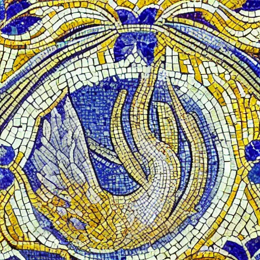 Image similar to detailed tile design, mosaic closeup, depicting swan and waterlily