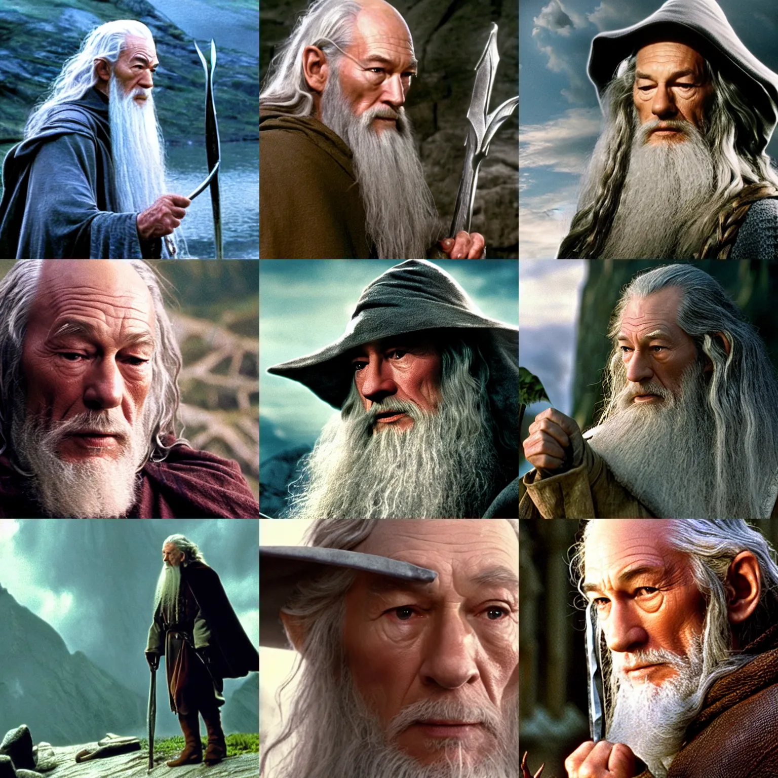 Prompt: film still of patrick stewart as gandalf in lord of the rings ( 2 0 0 1 )