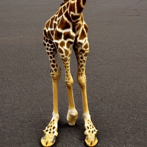 Prompt: a giraffe with human legs and hairy feets