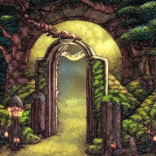 Image similar to gate portal with another world visible inside style studio ghibli and Gerald Brom, sprites flyng inside, dreamy, mystical, dark