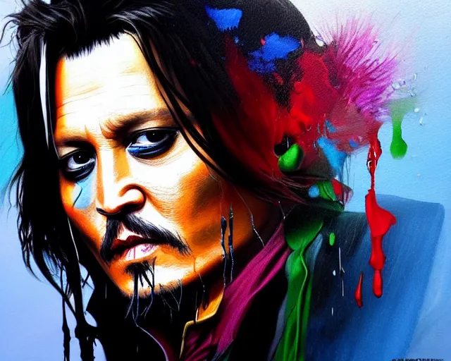 Prompt: , painting of johnny depp, paint drips, colour splash, art design, inventive, new format, futuristic painting, deep focus, d & d, fantasy, intricate, elegant, highly detailed, digital painting, artstation, concept art, matte, sharp focus, illustration, hearthstone, art by artgerm and greg rutkowski and alphonse mucha