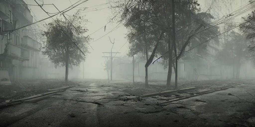 Image similar to abandoned houses, dilapidated Chernobyl city street, fog, rain, volumetric lighting, beautiful, golden hour, sharp focus, ultra detailed, cgsociety