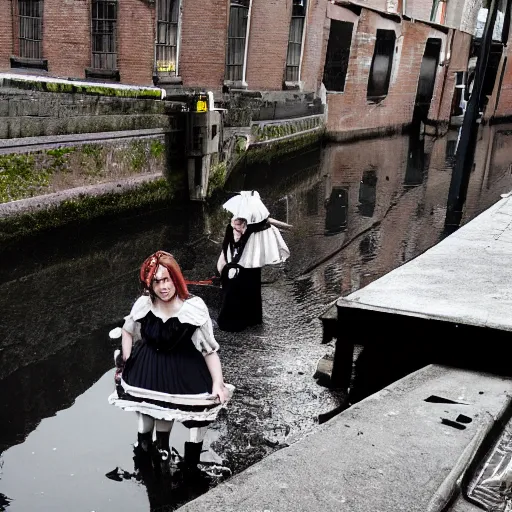 Prompt: girl in victorian wear lied in canal full of water surrounded of trash and bodies dark artistic