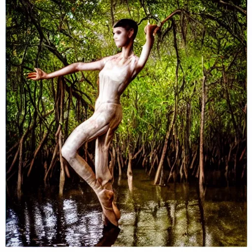 Image similar to a dancer made of wet clay in a mangrove swamp, cinematic light, beautiful dreamy lighting,