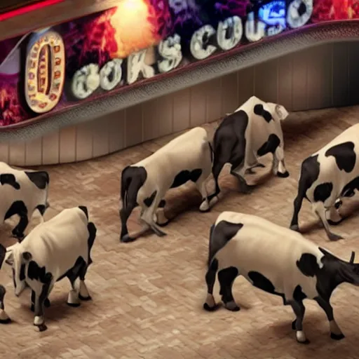 Prompt: movie still of cows trying to break into The Steakhouse at Circus Circus Casino, people rioting throughout, photorealistic, highly detailed