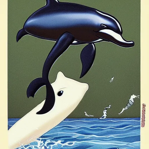 Image similar to “ tuxedo cat riding a dolphin ”