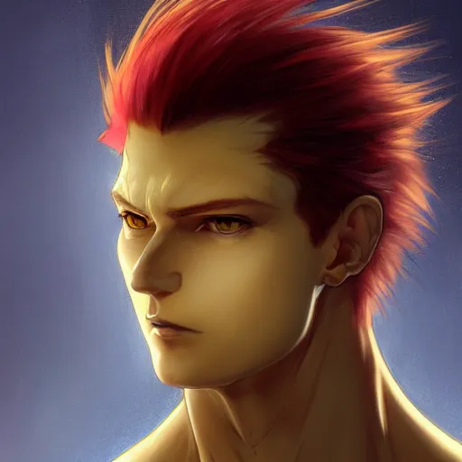 Prompt: portrait of hisoka morow hunter hunter, male, very very sharp jaw yellow eyes very very narrow yellow iris red hair soft hair swept back crimson medium length hair, anime, fantasy, intricate, elegant, highly detailed, digital painting, artstation, concept art, matte, sharp focus, illustration, art by artgerm and greg rutkowski and alphonse mucha