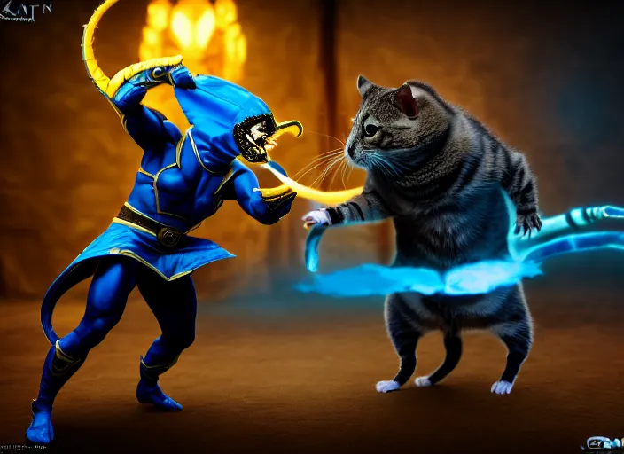 Image similar to hamster dressed as sub zero fights a cat dressed as scorpion in mortal kombat on the background of a laughing shao khan. fantasy magic style. highly detailed 8 k. intricate. lifelike. soft light. sony a 7 r iv 5 5 mm. unreal engine with nanite and path tracing