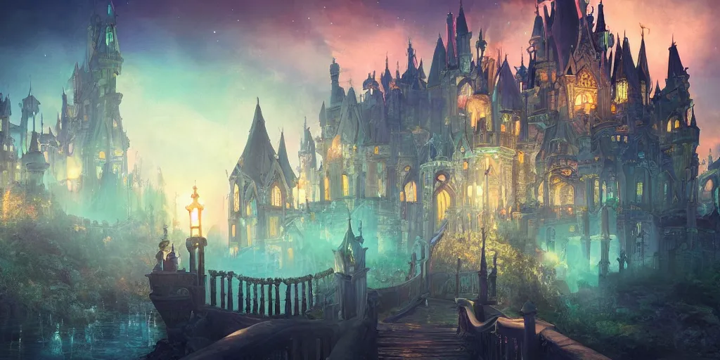 Image similar to a glowing magical fantasy castle at night with grand delicate walkways, extremely detailed oil painting, unreal 5 render, fantasy digital art, octane render, beautiful composition, trending on artstation, award-winning photograph, masterpiece