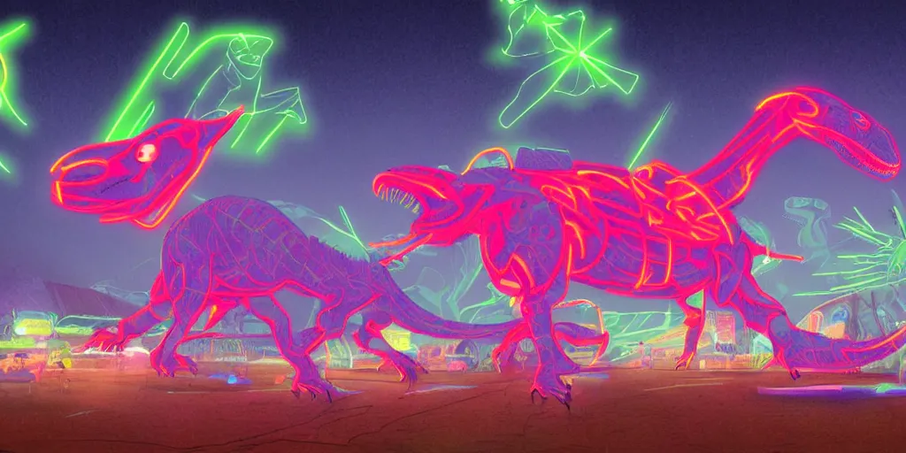 Image similar to neon laser dinosaurs at the county fair by makoto shinkai