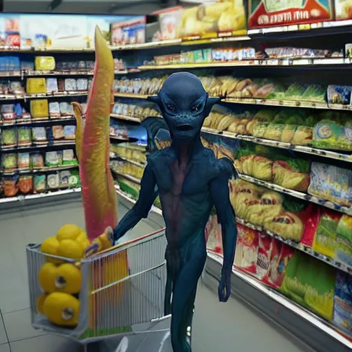 Prompt: mid shot of an realistic alien dressed by emidio tucci buying groceries at the store, shot by amanda carlson and alex strelkovv, professional photo, masterpiece, very detailed, hyper - realistic, unreal engine, straight face, cinematic, 4 k