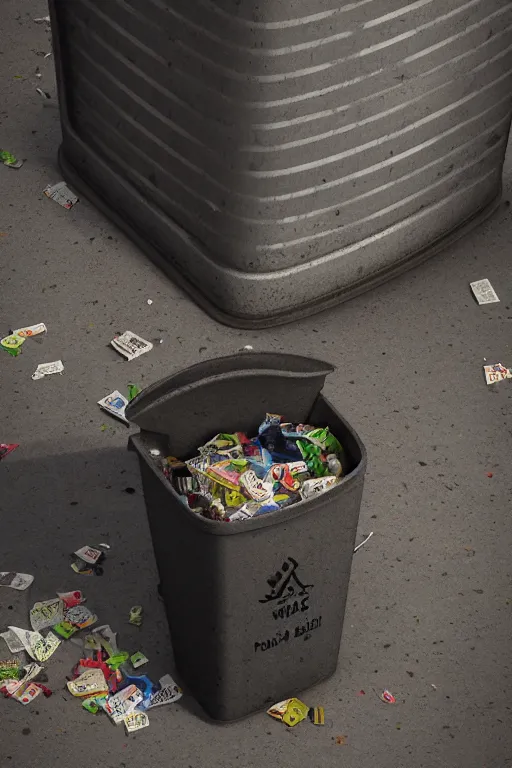 Image similar to trash bin 3 d with a revolution written in the trash bin, ultra realistic, concept art, intricate details, highly detailed, photorealistic, octane render, 8 k