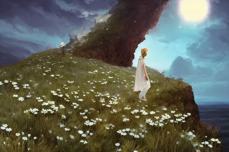 Image similar to huge white daisies blooming crown on head, girl walking on cliff, surreal photography, solar eclipse, stars, dramatic light, impressionist painting, clouds, digital painting, artstation, james gilleard, liam wong, jeremy mann, simon stalenhag