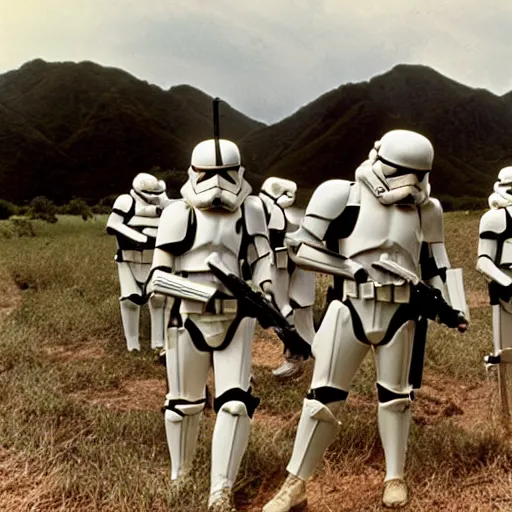 Prompt: star wars clone troopers offer aid to soldiers in vietnam, photo, old picture, lush landscape, field, firearms, war, bombs,