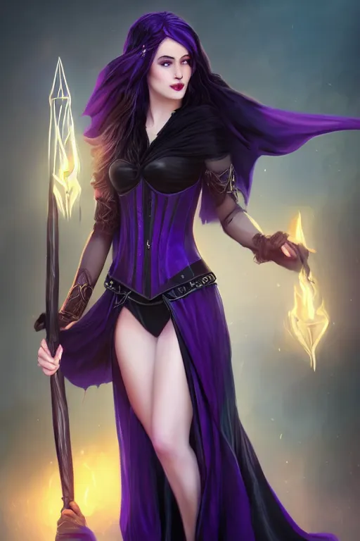 Image similar to Pretty Sorceress, wearing Black and purple robes, Dark blue hair, magic wooden staff, fully covered, corset, Epic fantasy, romantic lead, pretty face, trending by artstation, artstationhd, artstationhq, matte painting, 8k UHD