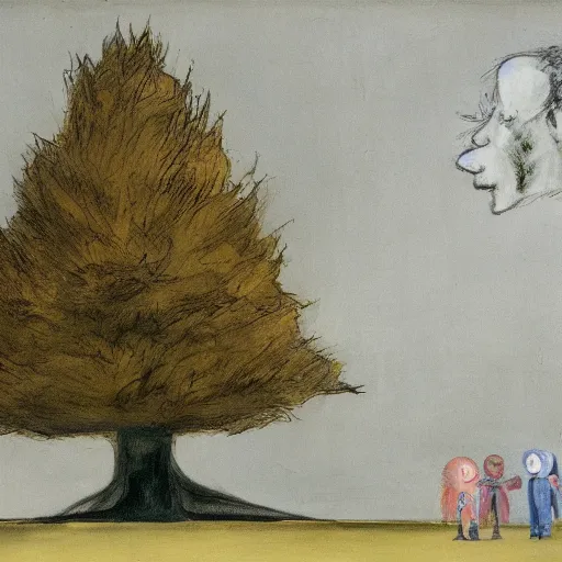 Image similar to with the help of composer boris johnson. animationist alien rapids vault witch's garden fir tree, by francisco goya and mark rothko, monolithography, 4 k, mixed media a child in a