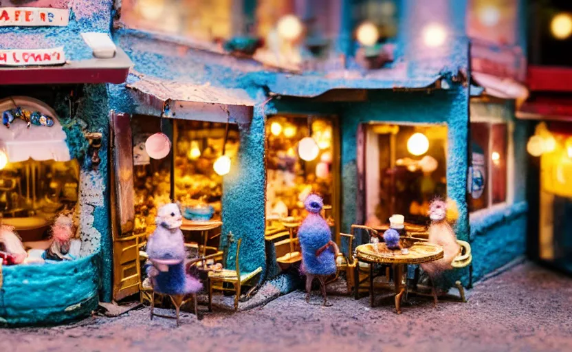 Image similar to miniature cafe diorama, macro photography, cafe with felted cookie monsters on a date, alleyway, ambient, atmospheric, british, cozy, bokeh, romantic, colorful lanterns