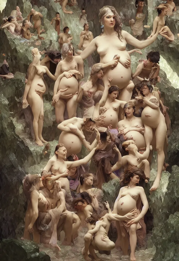 Image similar to epic pregnant woman talking to all her tribe with fluorescence bodies, proud people gather around the pregnant woman, ice cave, intricate, elegant, highly detailed, digital painting, artstation, concept art, smooth, sharp focus, illustration, art by artgerm and greg rutkowski and alphonse mucha and william - adolphe bouguereau