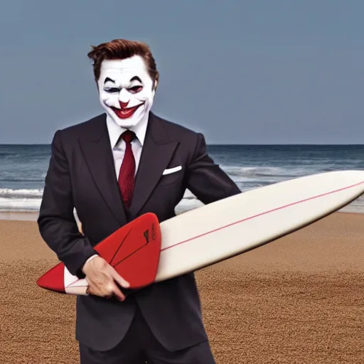 Image similar to surfing elon musk as mr. bean as the joker from batman, surfing still from batman vs bean at the beach, 2 0 2 0