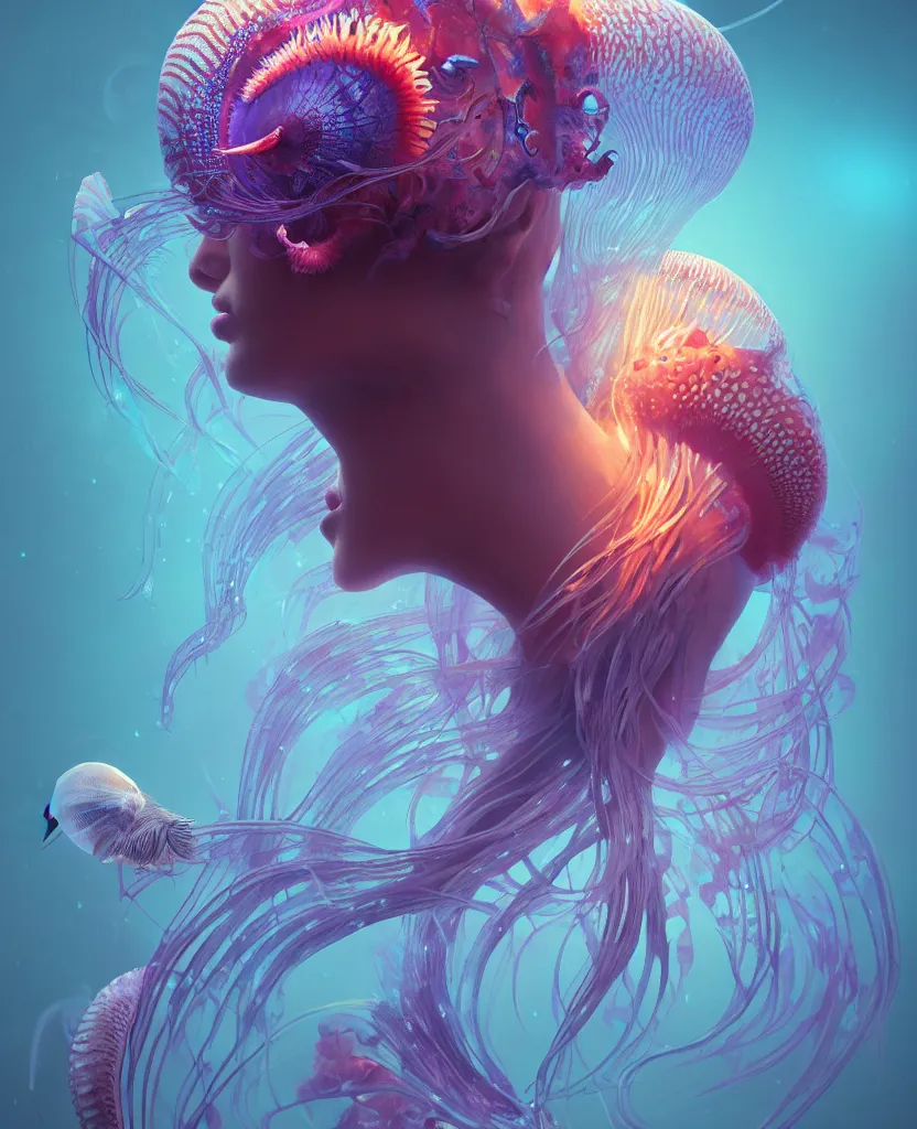 Image similar to goddess close-up portrait. orchid jellyfish phoenix head, nautilus, skull, betta fish, bioluminiscent creatures, intricate artwork by Tooth Wu and wlop and beeple. octane render, trending on artstation, greg rutkowski very coherent symmetrical artwork. cinematic, hyper realism, high detail, octane render, 8k