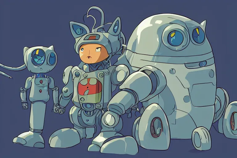 Prompt: A cell animation of a robot and a cat, Nausicaa of the Valley of the Wind, Miyazaki Hayao, ghibli style, illustration, azure tones, vintage colors, anime, trending on artstation