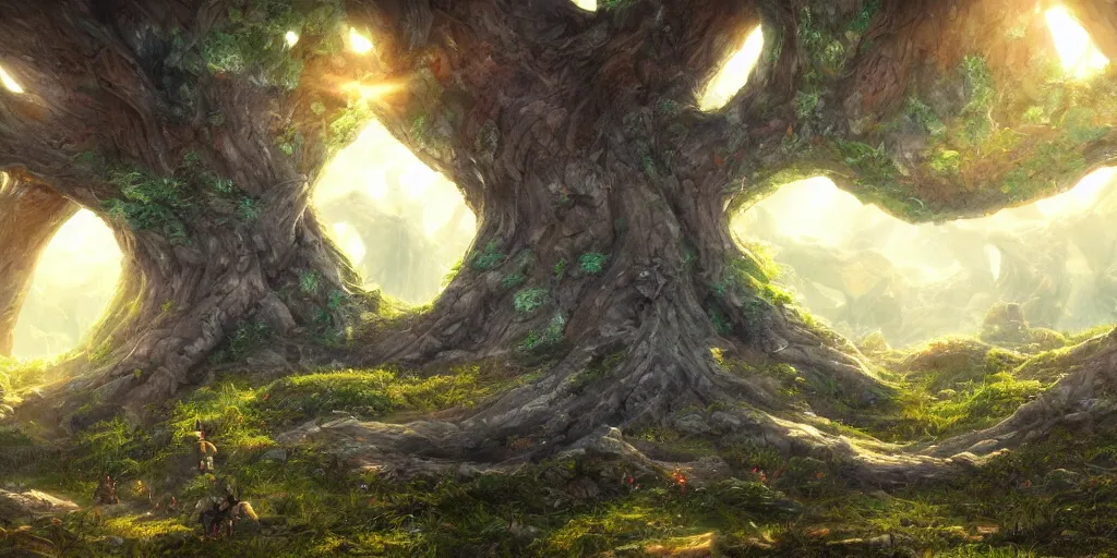 Prompt: a fantasy town within the giant branches of yggdrasil, illustration, bright sunlight, sun glints, sunrays, digital art, hyperrealistic, oil painting, fantasy, 8 k, trending on artstation, detailed