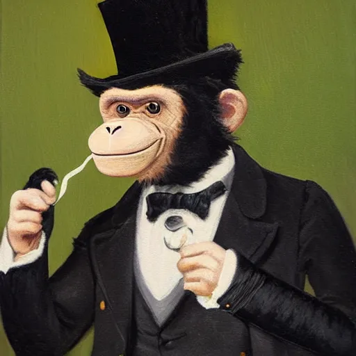 Image similar to a monkey wearing a monocle and a top hat drinking tea, brush strokes, oil painting