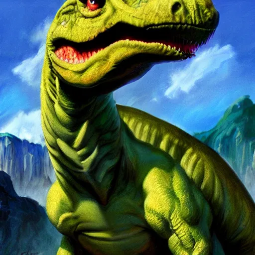 Image similar to An ultra realistic portrait painting of Yoshi the Dinosaur in the style of Frank Frazetta, 4k, Ultrarealistic, Highly Detailed, Dark Fantasy, Epic Lighting