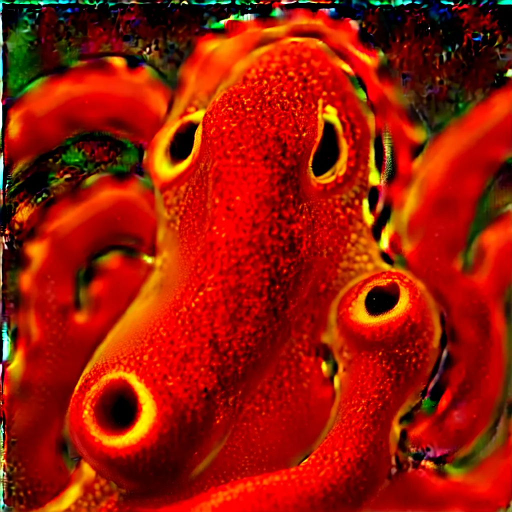 Image similar to fiery whimsical emotional eyes cephalopod, in a photorealistic macro photograph with shallow dof