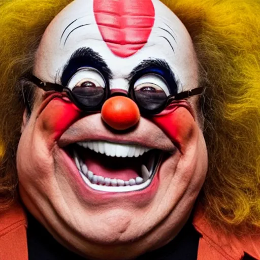 Image similar to danny devito in clown mask with fangs